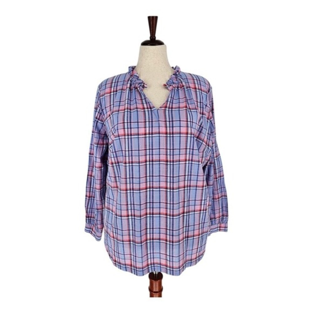 SALE Talbots Plaid Blouse Womens 2X Purple Pink Ruffle V-Neck Cotton Top
